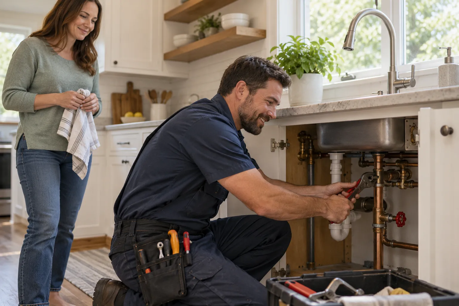 Friendly local plumber checking a pipe under a kitchen sink for a homeowner in Buffalo