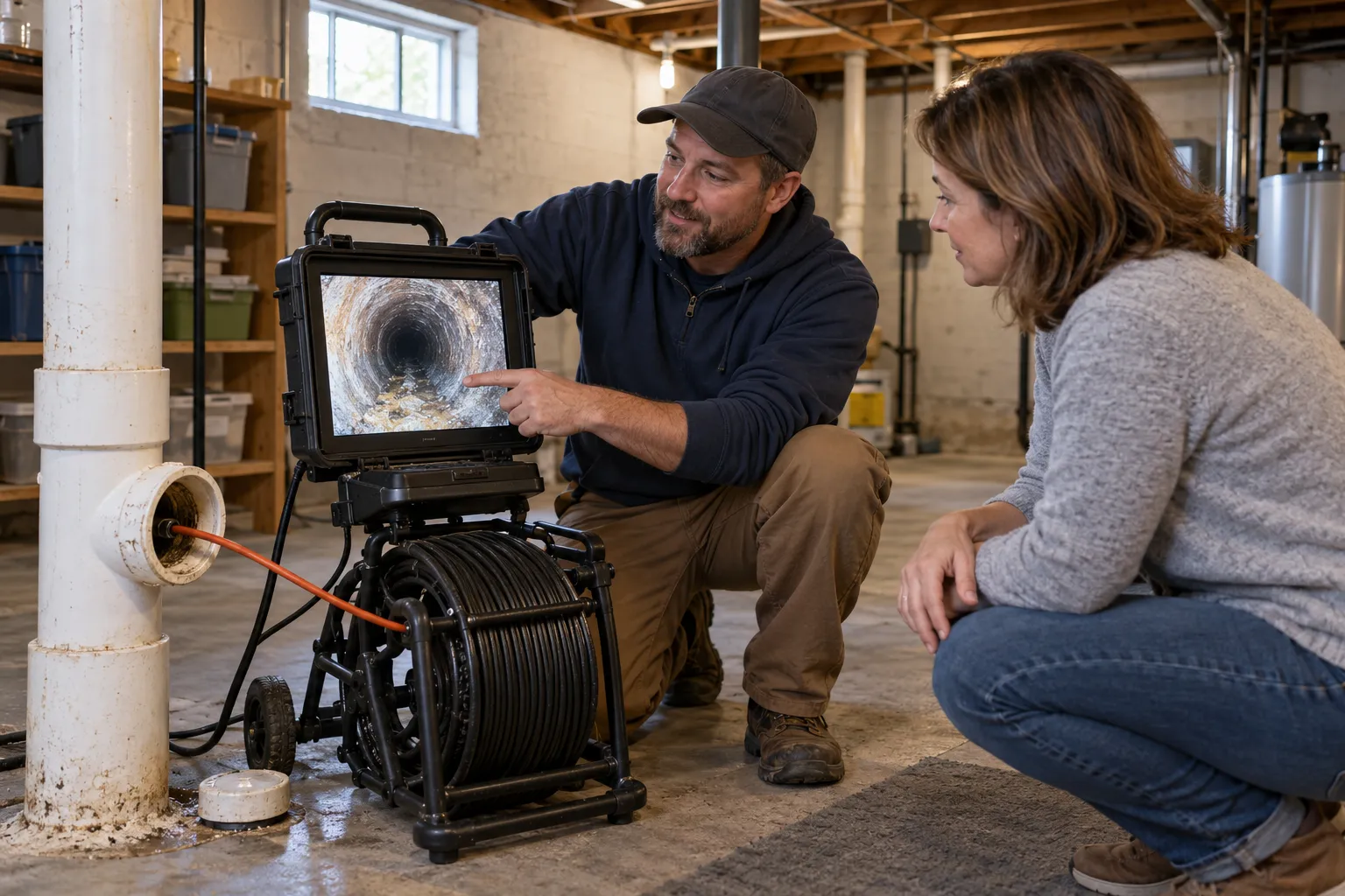 Friendly local plumbing provider reviewing a sewer camera inspection screen with a homeowner in the Buffalo area